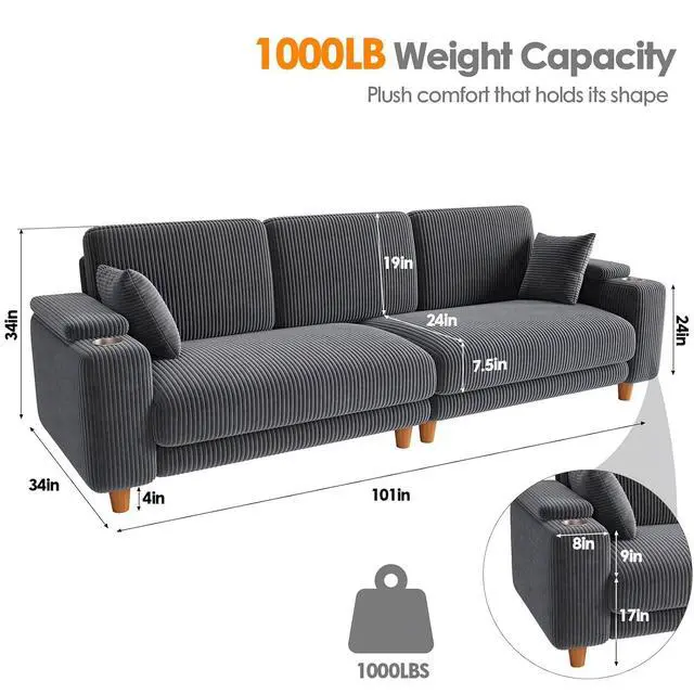 Alt view image 2 of 7 - 101" Oversized Corduroy Sofa with Storage, 24" Extra Deep Seat Couch, Comfy Upholstered with Cup Holder, 2 Pillows, Gray