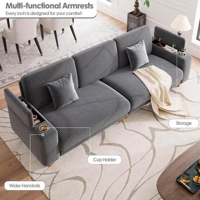 Alt view image 4 of 7 - 101" Oversized Corduroy Sofa with Storage, 24" Extra Deep Seat Couch, Comfy Upholstered with Cup Holder, 2 Pillows, Gray