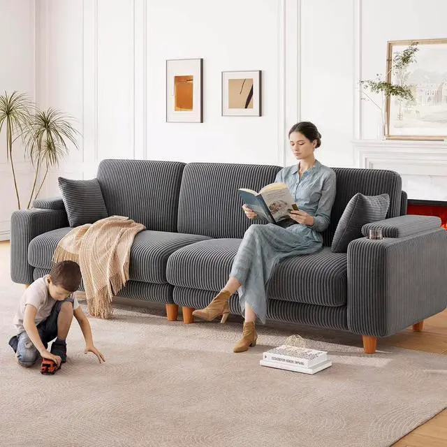 Alt view image 3 of 7 - 101" Oversized Corduroy Sofa with Storage, 24" Extra Deep Seat Couch, Comfy Upholstered with Cup Holder, 2 Pillows, Gray
