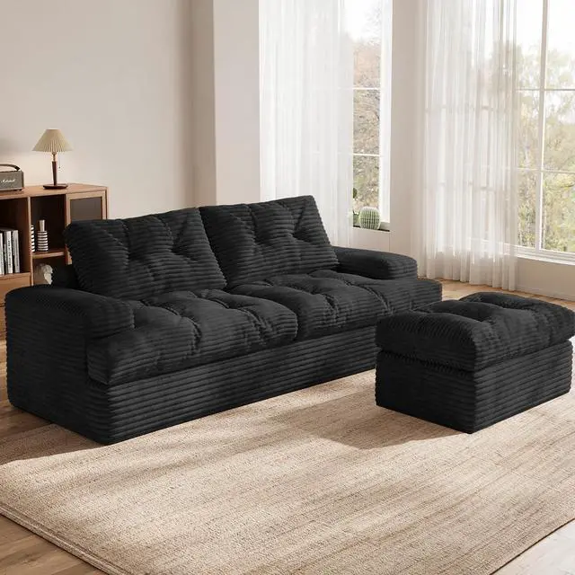 Main image of 85" Modular Sectional Sofa for Living Room, L-Shaped Corduroy Cloud Couch with Ottoman, Two-Layer Cushion, No Assembly Boneless Sofa, Black