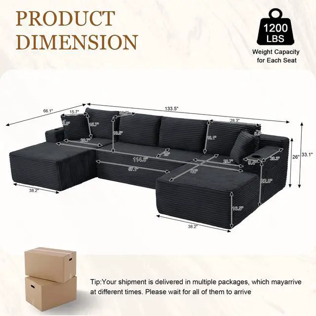 Alt view image 2 of 7 - 134" Modular Sectional Sofa, Boneless Cloud Couch for Living Room, U Shaped 5 Seat Sleeper Sofa with 2 Storage Pockets& 2 Cup Holders, Free Combination, No Assembly Required (Dark Gray)