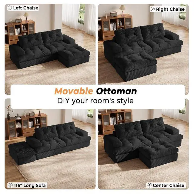 Alt view image 3 of 6 - 85" Modular Sectional Sofa for Living Room, L-Shaped Corduroy Cloud Couch with Ottoman, Two-Layer Cushion, No Assembly Boneless Sofa, Black