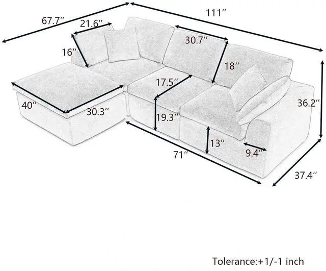Alt view image 2 of 6 - 111" Cloud Modular Sectional Sofa, Deep Seat Memory Foam L-Shape Couch with Ottoman, Convertible Modular Sofa Couch for Living Room Apartment, Upholstered Boneless Sectional, No Assembly (Beige)