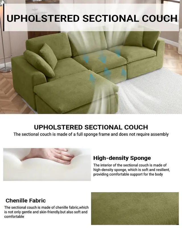 Alt view image 3 of 6 - 111" Cloud Modular Sectional Sofa, Deep Seat Memory Foam L-Shape Couch with Ottoman, Convertible Modular Sofa Couch for Living Room Apartment, Upholstered Boneless Sectional, No Assembly (Green)