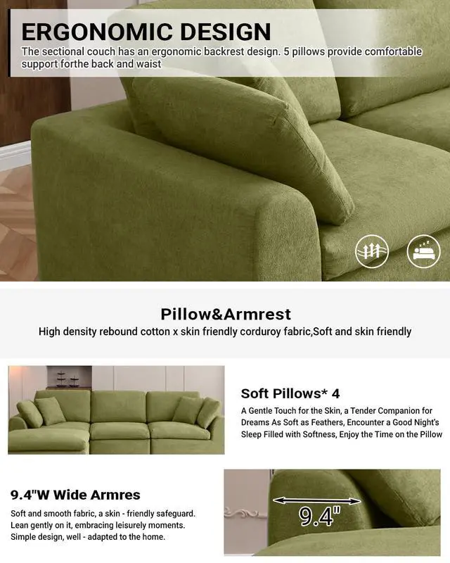 Alt view image 4 of 6 - 111" Cloud Modular Sectional Sofa, Deep Seat Memory Foam L-Shape Couch with Ottoman, Convertible Modular Sofa Couch for Living Room Apartment, Upholstered Boneless Sectional, No Assembly (Green)