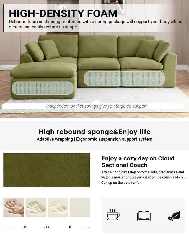 Alt view image 5 of 6 - 111" Cloud Modular Sectional Sofa, Deep Seat Memory Foam L-Shape Couch with Ottoman, Convertible Modular Sofa Couch for Living Room Apartment, Upholstered Boneless Sectional, No Assembly (Green)