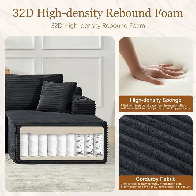 Alt view image 3 of 7 - 134" Modular Sectional Sofa, Boneless Cloud Couch for Living Room, U Shaped 5 Seat Sleeper Sofa with 2 Storage Pockets& 2 Cup Holders, Free Combination, No Assembly Required (Dark Gray)