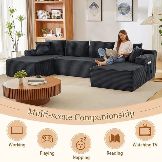 Alt view image 7 of 7 - 134" Modular Sectional Sofa, Boneless Cloud Couch for Living Room, U Shaped 5 Seat Sleeper Sofa with 2 Storage Pockets& 2 Cup Holders, Free Combination, No Assembly Required (Dark Gray)