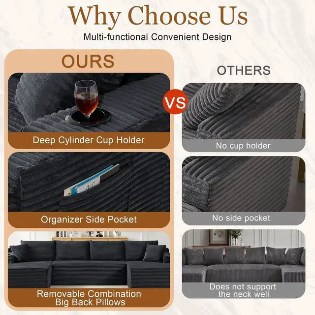 Alt view image 4 of 7 - 134" Modular Sectional Sofa, Boneless Cloud Couch for Living Room, U Shaped 5 Seat Sleeper Sofa with 2 Storage Pockets& 2 Cup Holders, Free Combination, No Assembly Required (Dark Gray)
