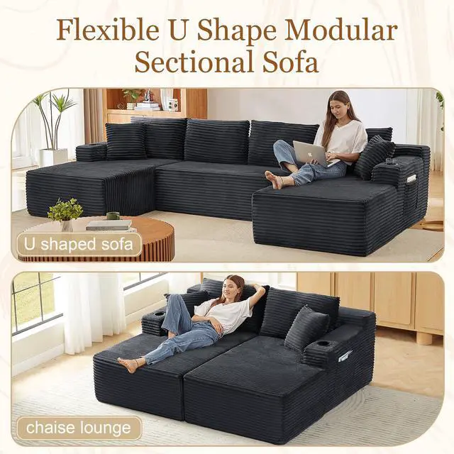 Alt view image 6 of 7 - 134" Modular Sectional Sofa, Boneless Cloud Couch for Living Room, U Shaped 5 Seat Sleeper Sofa with 2 Storage Pockets& 2 Cup Holders, Free Combination, No Assembly Required (Dark Gray)