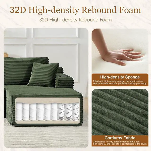 Alt view image 3 of 7 - 134" Modular Sectional Sofa, Boneless Cloud Couch for Living Room, U Shaped 5 Seat Sleeper Sofa with 2 Storage Pockets& 2 Cup Holders, Free Combination, No Assembly Required (Green)