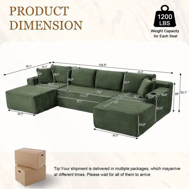 Alt view image 2 of 7 - 134" Modular Sectional Sofa, Boneless Cloud Couch for Living Room, U Shaped 5 Seat Sleeper Sofa with 2 Storage Pockets& 2 Cup Holders, Free Combination, No Assembly Required (Green)