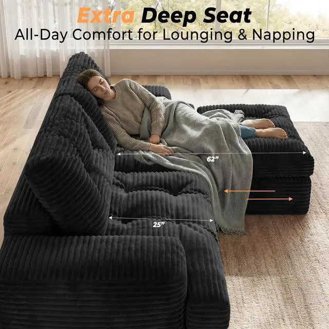 Alt view image 6 of 6 - 85" Modular Sectional Sofa for Living Room, L-Shaped Corduroy Cloud Couch with Ottoman, Two-Layer Cushion, No Assembly Boneless Sofa, Black