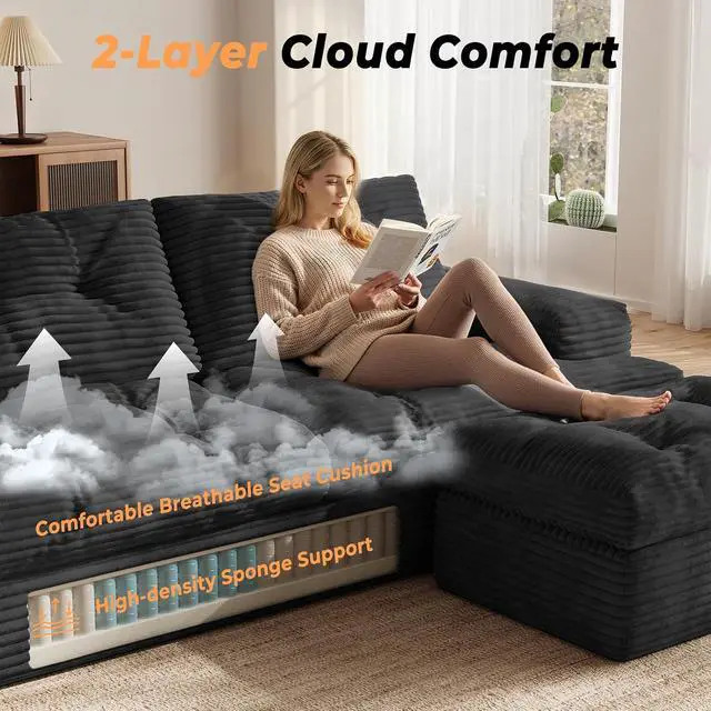 Alt view image 5 of 6 - 85" Modular Sectional Sofa for Living Room, L-Shaped Corduroy Cloud Couch with Ottoman, Two-Layer Cushion, No Assembly Boneless Sofa, Black