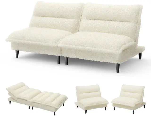 Alt view image 3 of 7 - Futon Sofa Bed, 4 in 1 Convertible Sofa with Adjustable Backrest, 71" Teddy Plush Fabric Loveseat Sleeper Couch for Living Room, Apartment, Office, Beige