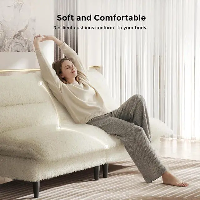 Alt view image 5 of 7 - Futon Sofa Bed, 4 in 1 Convertible Sofa with Adjustable Backrest, 71" Teddy Plush Fabric Loveseat Sleeper Couch for Living Room, Apartment, Office, Beige