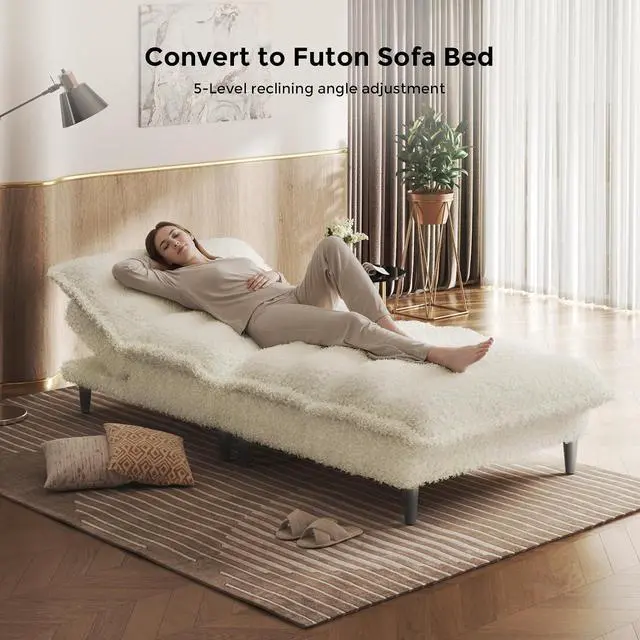 Alt view image 6 of 7 - Futon Sofa Bed, 4 in 1 Convertible Sofa with Adjustable Backrest, 71" Teddy Plush Fabric Loveseat Sleeper Couch for Living Room, Apartment, Office, Beige