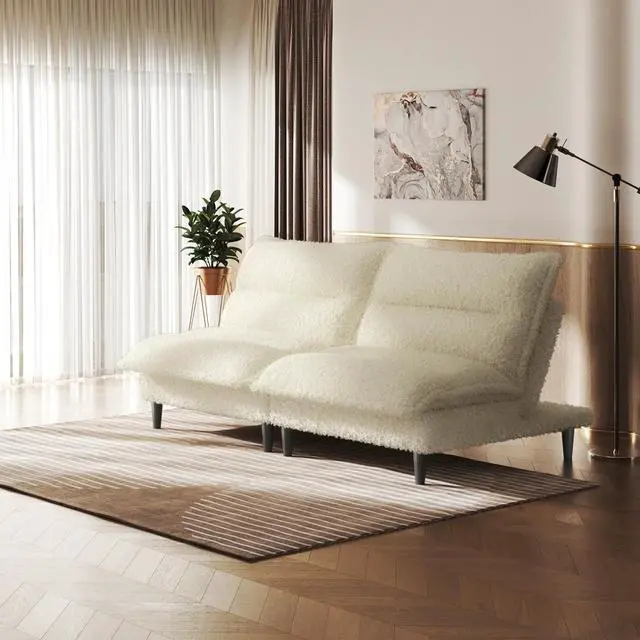 Alt view image 2 of 7 - Futon Sofa Bed, 4 in 1 Convertible Sofa with Adjustable Backrest, 71" Teddy Plush Fabric Loveseat Sleeper Couch for Living Room, Apartment, Office, Beige