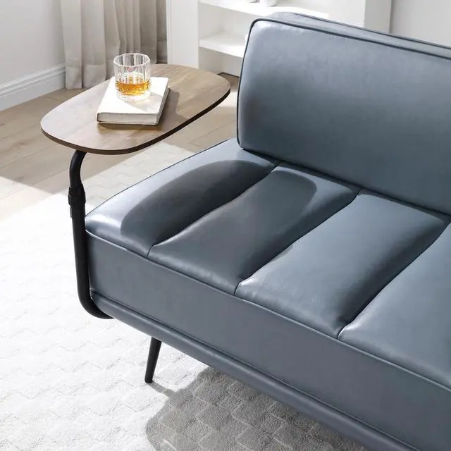Alt view image 4 of 6 - Small Modern Loveseat Couch Sofa, Leather Upholstered 2-Seat Sofa, Love Seat Furniture with 360-Degree Swivel Tray, Black Metal Leg for Small Space, Living Room, Bedroom, Apartment (Grey)