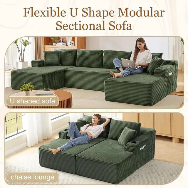 Alt view image 6 of 7 - 134" Modular Sectional Sofa, Boneless Cloud Couch for Living Room, U Shaped 5 Seat Sleeper Sofa with 2 Storage Pockets& 2 Cup Holders, Free Combination, No Assembly Required (Green)