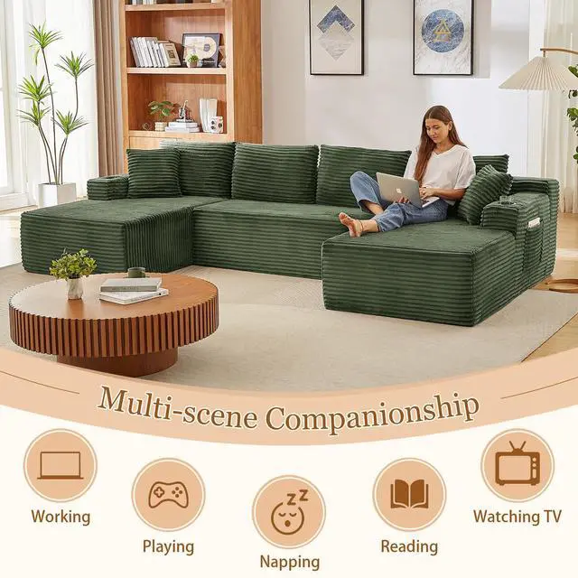 Alt view image 7 of 7 - 134" Modular Sectional Sofa, Boneless Cloud Couch for Living Room, U Shaped 5 Seat Sleeper Sofa with 2 Storage Pockets& 2 Cup Holders, Free Combination, No Assembly Required (Green)