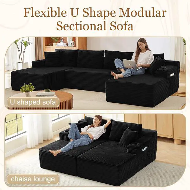 Alt view image 6 of 7 - 134" Modular Sectional Sofa, Boneless Cloud Couch for Living Room, U Shaped 5 Seat Sleeper Sofa with 2 Storage Pockets& 2 Cup Holders, Free Combination, No Assembly Required (Black)