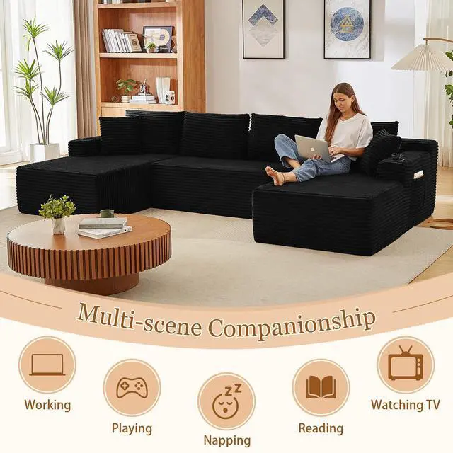 Alt view image 7 of 7 - 134" Modular Sectional Sofa, Boneless Cloud Couch for Living Room, U Shaped 5 Seat Sleeper Sofa with 2 Storage Pockets& 2 Cup Holders, Free Combination, No Assembly Required (Black)