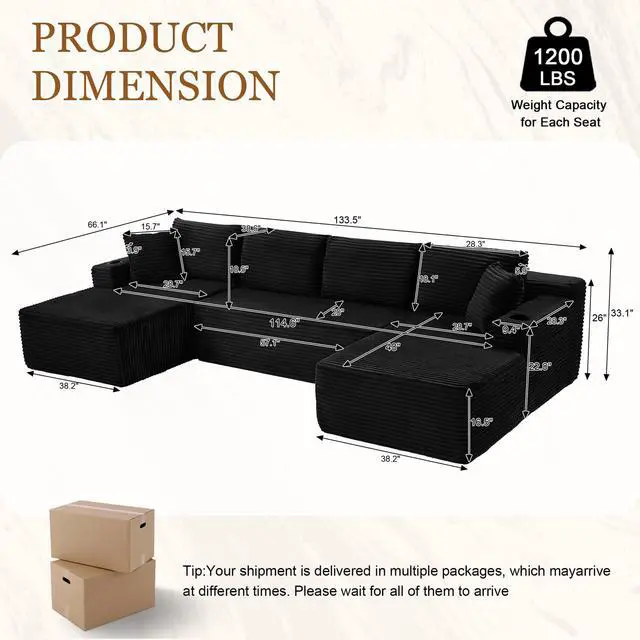 Alt view image 2 of 7 - 134" Modular Sectional Sofa, Boneless Cloud Couch for Living Room, U Shaped 5 Seat Sleeper Sofa with 2 Storage Pockets& 2 Cup Holders, Free Combination, No Assembly Required (Black)