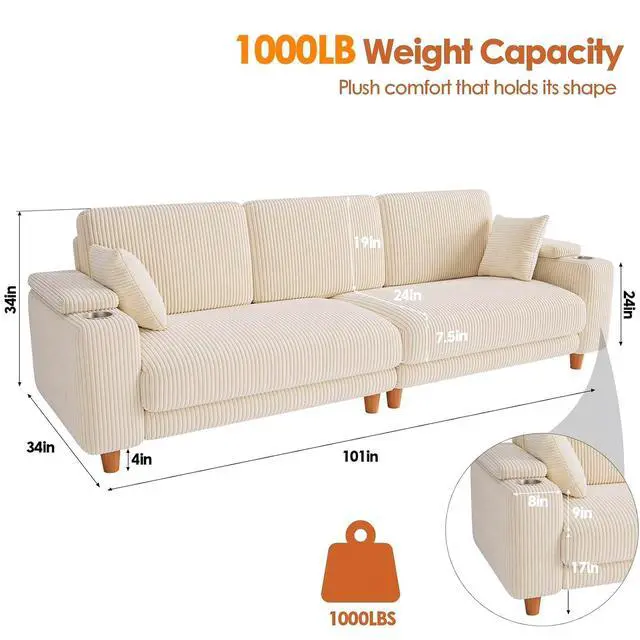 Alt view image 2 of 7 - 101" Oversized Corduroy Sofa with Storage, 24" Extra Deep Seat Couch, Comfy Upholstered with Cup Holder, 2 Pillows, Beige