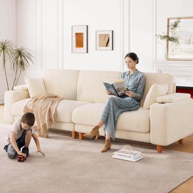 Main image of 101" Oversized Corduroy Sofa with Storage, 24" Extra Deep Seat Couch, Comfy Upholstered with Cup Holder, 2 Pillows, Beige