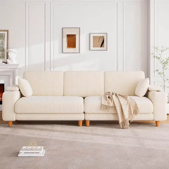 Alt view image 3 of 7 - 101" Oversized Corduroy Sofa with Storage, 24" Extra Deep Seat Couch, Comfy Upholstered with Cup Holder, 2 Pillows, Beige