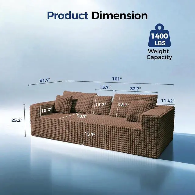 Alt view image 2 of 7 - 101" Couch for Living Room Furniture Diamond Boneless Sofa with 31-inch Extra Deep Seat, No Assembly, Brown