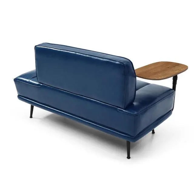 Alt view image 3 of 6 - Small Modern Loveseat Couch Sofa, Leather Upholstered 2-Seat Sofa, Love Seat Furniture with 360-Degree Swivel Tray, Black Metal Leg for Small Space, Living Room, Bedroom, Apartment (Blue)