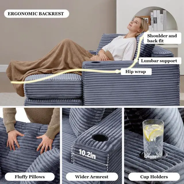 Alt view image 5 of 5 - 62" Oversized Chaise Lounge Chair Indoor, Corduroy Boneless Convertible Chaise Lounge Couch Sleeper Chair with Ottoman, Deep Seat Reading Chair, No Assembly Required (Grey)