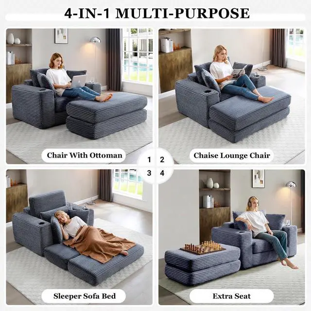 Alt view image 4 of 5 - 62" Oversized Chaise Lounge Chair Indoor, Corduroy Boneless Convertible Chaise Lounge Couch Sleeper Chair with Ottoman, Deep Seat Reading Chair, No Assembly Required (Grey)