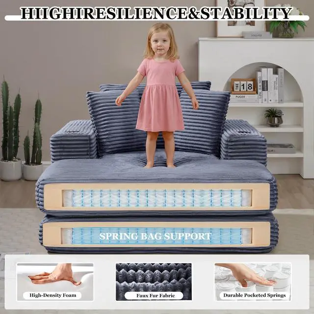Alt view image 3 of 5 - 62" Oversized Chaise Lounge Chair Indoor, Corduroy Boneless Convertible Chaise Lounge Couch Sleeper Chair with Ottoman, Deep Seat Reading Chair, No Assembly Required (Grey)