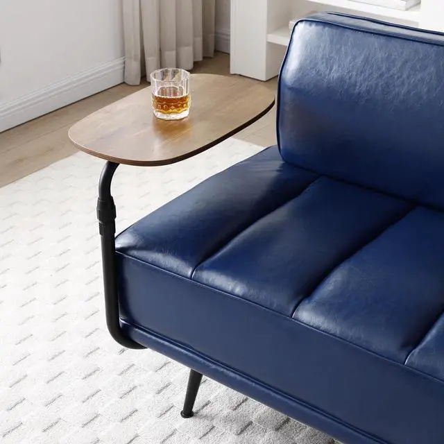 Alt view image 4 of 6 - Small Modern Loveseat Couch Sofa, Leather Upholstered 2-Seat Sofa, Love Seat Furniture with 360-Degree Swivel Tray, Black Metal Leg for Small Space, Living Room, Bedroom, Apartment (Blue)