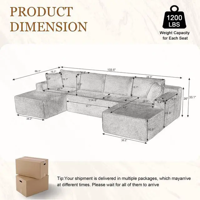 Alt view image 2 of 7 - 134" Modular Sectional Sofa, Boneless Cloud Couch for Living Room, U Shaped 5 Seat Sleeper Sofa with 2 Storage Pockets& 2 Cup Holders, Free Combination, No Assembly Required (Camel)