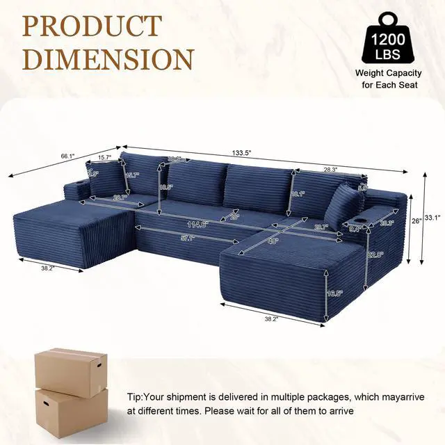 Alt view image 2 of 7 - 134" Modular Sectional Sofa, Boneless Cloud Couch for Living Room, U Shaped 5 Seat Sleeper Sofa with 2 Storage Pockets& 2 Cup Holders, Free Combination, No Assembly Required (Blue)