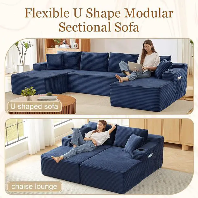 Alt view image 6 of 7 - 134" Modular Sectional Sofa, Boneless Cloud Couch for Living Room, U Shaped 5 Seat Sleeper Sofa with 2 Storage Pockets& 2 Cup Holders, Free Combination, No Assembly Required (Blue)