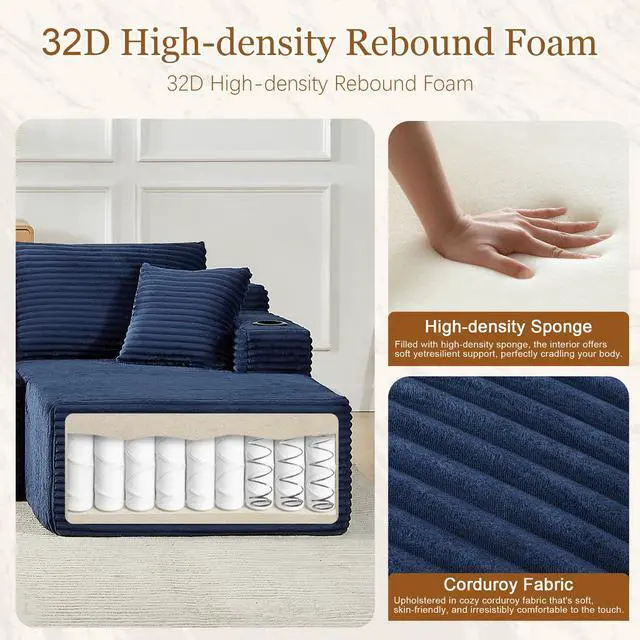Alt view image 3 of 7 - 134" Modular Sectional Sofa, Boneless Cloud Couch for Living Room, U Shaped 5 Seat Sleeper Sofa with 2 Storage Pockets& 2 Cup Holders, Free Combination, No Assembly Required (Blue)