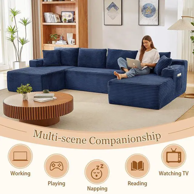Alt view image 7 of 7 - 134" Modular Sectional Sofa, Boneless Cloud Couch for Living Room, U Shaped 5 Seat Sleeper Sofa with 2 Storage Pockets& 2 Cup Holders, Free Combination, No Assembly Required (Blue)