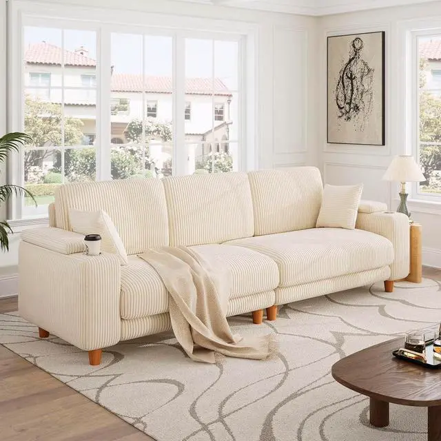 Alt view image 4 of 7 - 101" Oversized Corduroy Sofa with Storage, 24" Extra Deep Seat Couch, Comfy Upholstered with Cup Holder, 2 Pillows, Beige