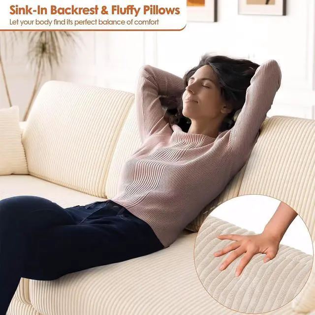 Alt view image 5 of 7 - 101" Oversized Corduroy Sofa with Storage, 24" Extra Deep Seat Couch, Comfy Upholstered with Cup Holder, 2 Pillows, Beige