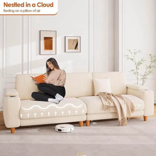 Alt view image 6 of 7 - 101" Oversized Corduroy Sofa with Storage, 24" Extra Deep Seat Couch, Comfy Upholstered with Cup Holder, 2 Pillows, Beige