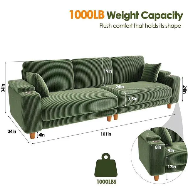 Alt view image 2 of 7 - 101" Oversized Corduroy Sofa with Storage, 24" Extra Deep Seat Couch, Comfy Upholstered with Cup Holder, 2 Pillows, Green