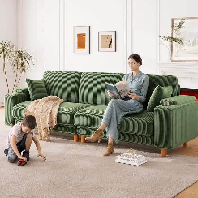 Alt view image 3 of 7 - 101" Oversized Corduroy Sofa with Storage, 24" Extra Deep Seat Couch, Comfy Upholstered with Cup Holder, 2 Pillows, Green
