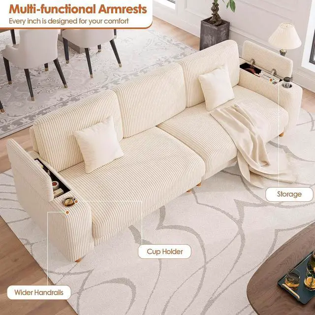 Alt view image 7 of 7 - 101" Oversized Corduroy Sofa with Storage, 24" Extra Deep Seat Couch, Comfy Upholstered with Cup Holder, 2 Pillows, Beige