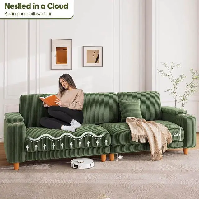 Alt view image 4 of 7 - 101" Oversized Corduroy Sofa with Storage, 24" Extra Deep Seat Couch, Comfy Upholstered with Cup Holder, 2 Pillows, Green