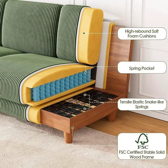 Alt view image 6 of 7 - 101" Oversized Corduroy Sofa with Storage, 24" Extra Deep Seat Couch, Comfy Upholstered with Cup Holder, 2 Pillows, Green